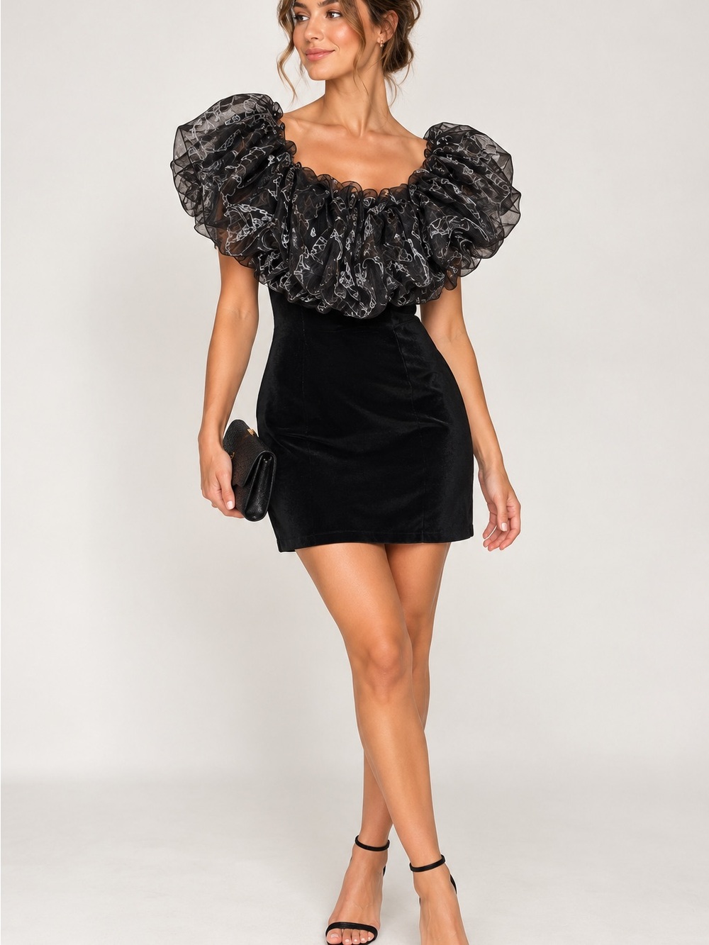 Zara Black Velvet Mini Dress Sheer Ruffle Statement Neckline L